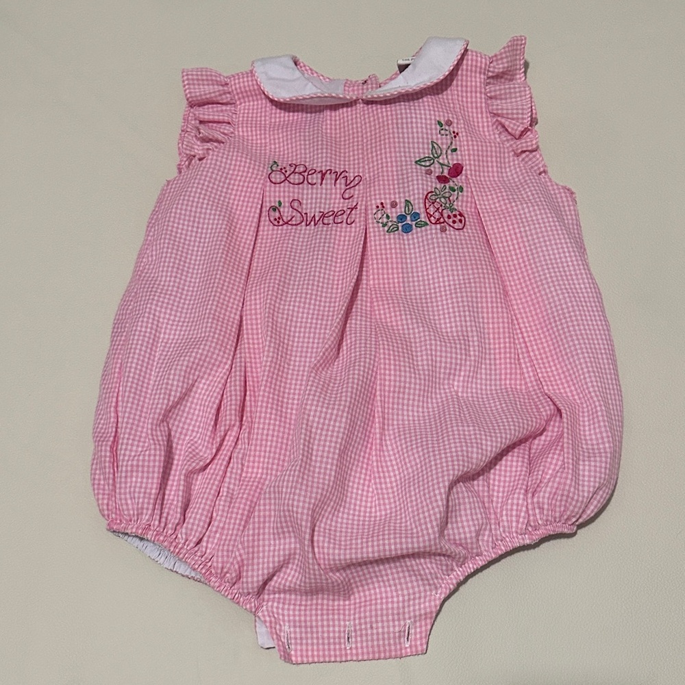 Pink Gingham Baby Romper with Embroidery
